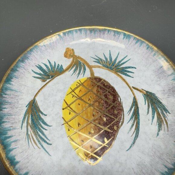 Vintage Italian Pottery 5inch Round Dish Plate With Pine Tree Acorn Italy VTG - Picture 5 of 11